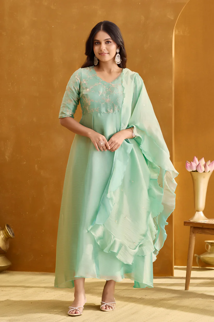 Light Sea Green Anarkali with Sequin and Foil Mirror Work